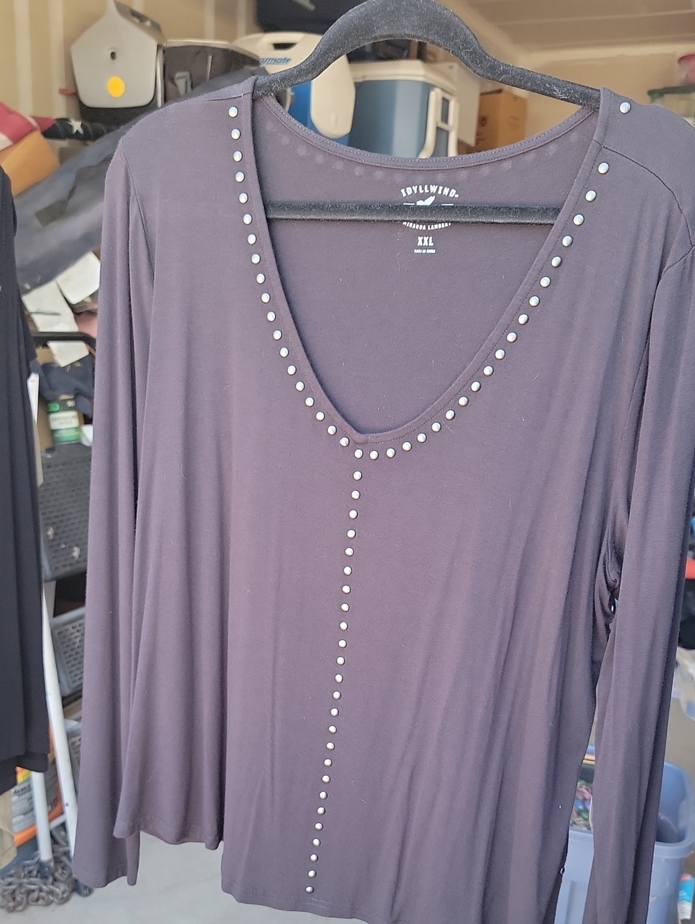 Idyllwind Black Long Sleeve V-Neck Top with Silver Studs